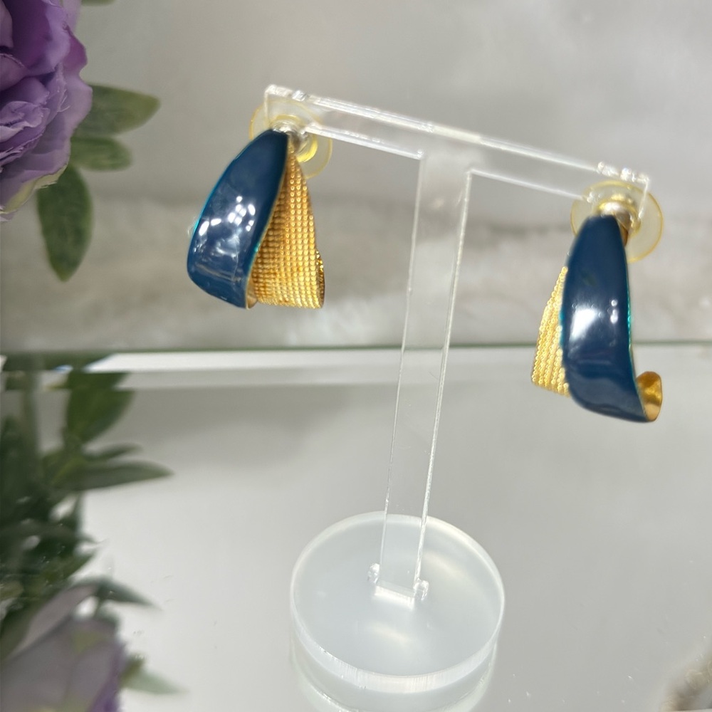 Vintage Blue Enamel and Gold Color Earrings